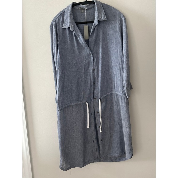 James Perse Blue White Striped Linen Drawstring Waist Shirt Dress Size 4 L - Picture 5 of 5